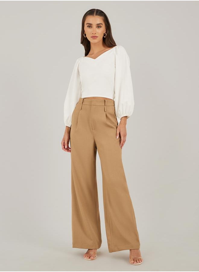 Styli - Plain Cuffed Sleeves V Neck Cropped Top - Image 1