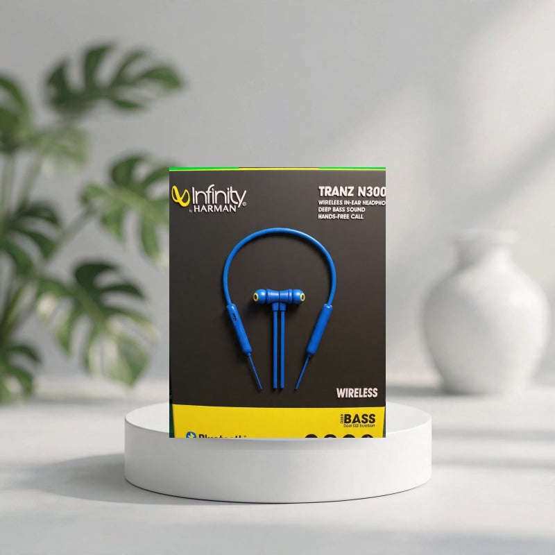إينفينيتي سماعات Infinity by Harman TRANZ N300 اللاسلكية داخل الأذن، صوت جهير عميق، مكالمات بدون استخدام اليدين، طوق رقبة، أزرق - Image 1