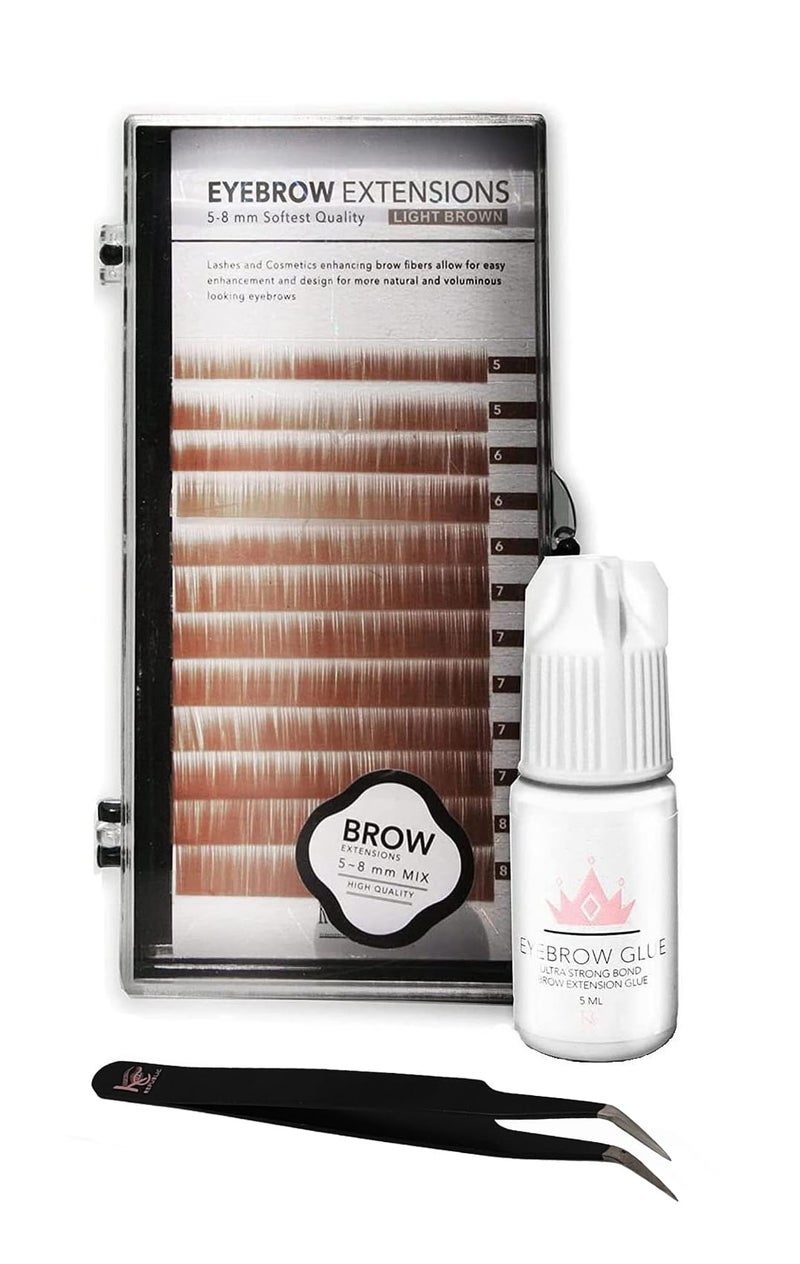 KC Republic Lash Eyebrow Extensions Kit with 1 x Trays of Mink False Eyebrows in Blonde/Light Brown Comes on Mixed Length 5-8 mm, Eyebrow Glue Clear & Extension Tweezers (Light Brown, Black Tweezer) - Image 1