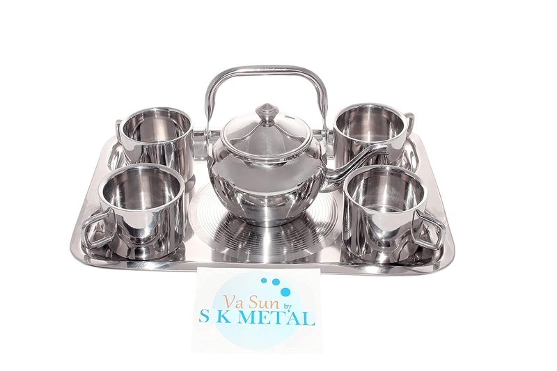 Va Sun Stainless Steel 6 Piece Tea PotTea Kettle Set one 350 ml capactiy teapot with 4 Double Body Tea Cups and Tray - Image 2