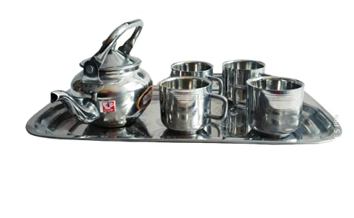 Va Sun Stainless Steel 6 Piece Tea PotTea Kettle Set one 350 ml capactiy teapot with 4 Double Body Tea Cups and Tray - Image 1