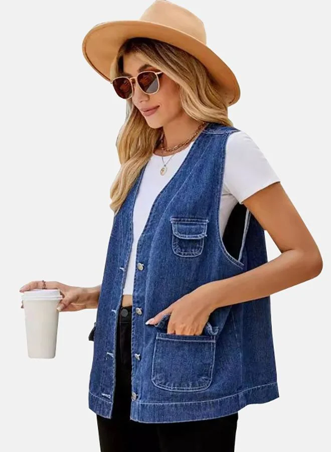 يونيكي Blue V Neck Sleeveless Denim Jacket