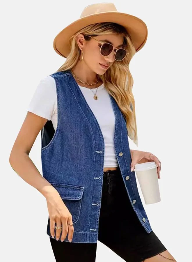 يونيكي Blue V Neck Sleeveless Denim Jacket