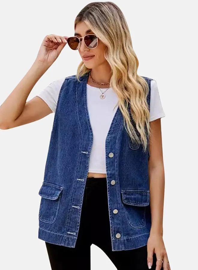 يونيكي Blue V Neck Sleeveless Denim Jacket