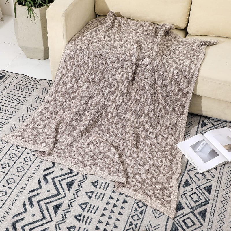 bearberry Fuzzy Leopard Knitted Throw Blanket Soft Cozy Warm Microfiber Blanket for Couch Sofa Bed Travel (Linen/Warm Gray  40""x50"") - Image 4