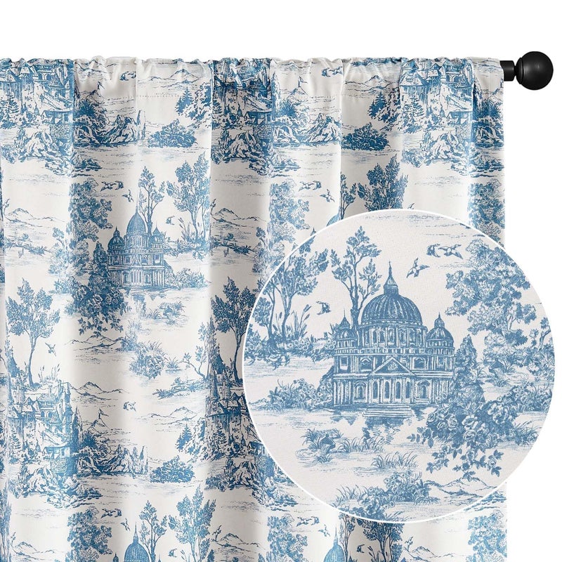 jinchan 100% Blackout Curtains for Bedroom, Blue Castle Printed Curtains 84 Inch Length for Living Room, Thermal Insulated Rod Pocket Back Tab Window Drapes 2 Panels - Image 1