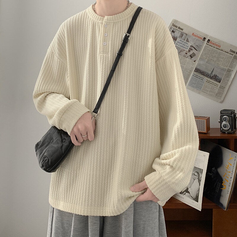 Henry Collar Texture Long-Sleeved T-Shirt Men'S Spring Loose Trendy Brand Fashionable Heavy Base Shirt - Image 2