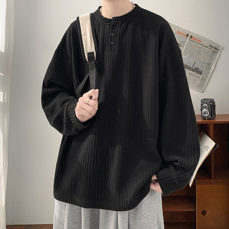 Henry Collar Texture Long-Sleeved T-Shirt Men'S Spring Loose Trendy Brand Fashionable Heavy Base Shirt - Image 4