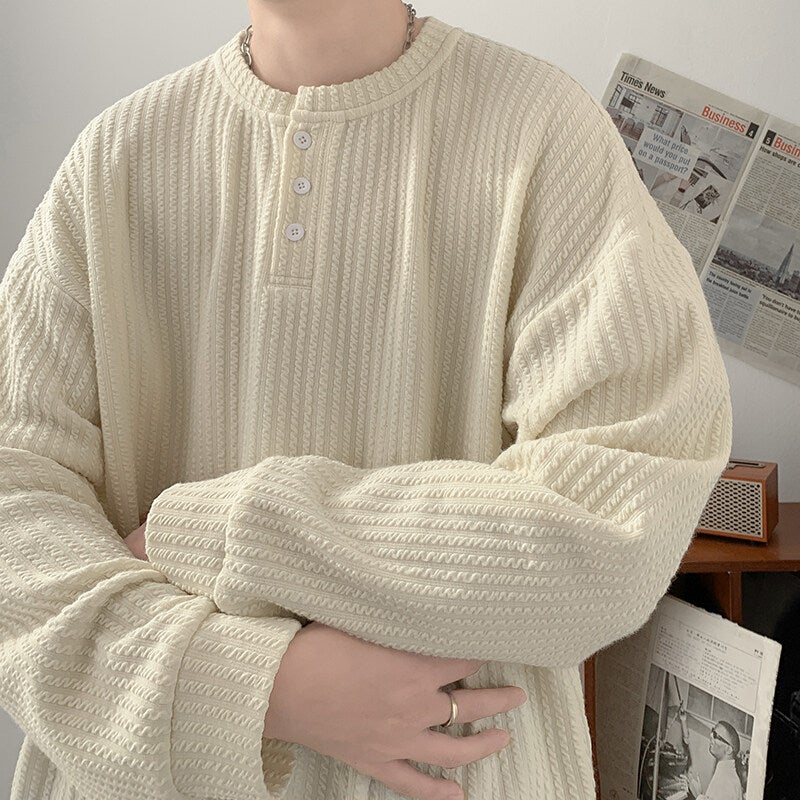 Henry Collar Texture Long-Sleeved T-Shirt Men'S Spring Loose Trendy Brand Fashionable Heavy Base Shirt - Image 3