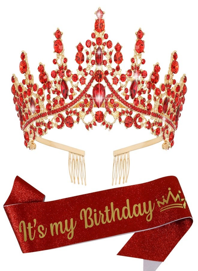 VELSCRUN Red Crystal Birthday Tiara Crowns for Women Girls It's My Birthday Sash Queen Girls Princess Crown with Combs Happy Birth Party Decorations Mom Sisters Birth Gift Hair Accessories - Image 1