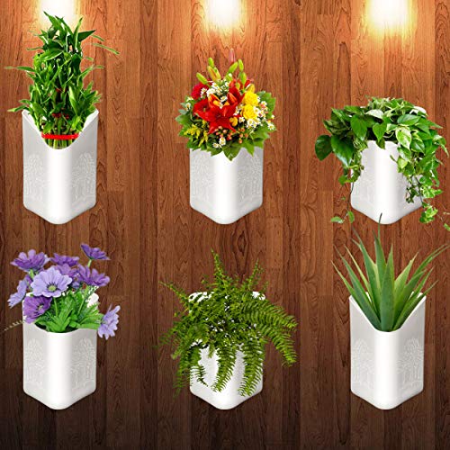 TechHark Wall Hanging Flower Pots For Home And Garden Decoration - Front H- 4", Back H- 6.5", Side Width- 5.5", Back W- 5" (Pack Of 6), White - Image 1