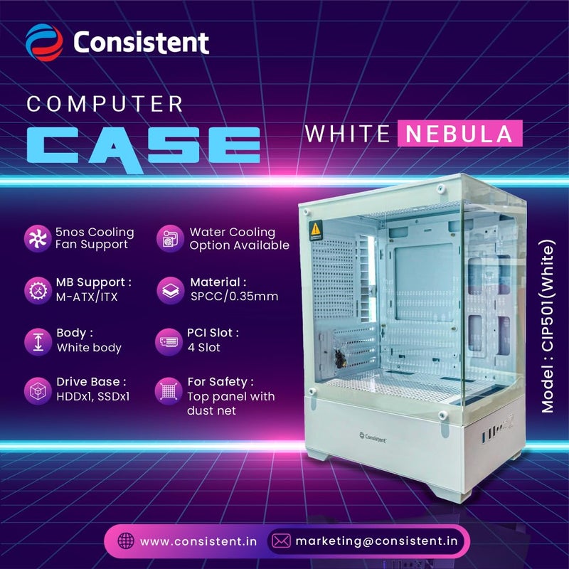 Consistent PC Case (CIP501) White Nebula Computer Case | Gaming Cabinet - White | Support ATX, M-ATX, ITX | Infinity Mirror Pre- Installed 3 x 120mm Front and 1 x 120mm Rear ARGB Fans - Image 2