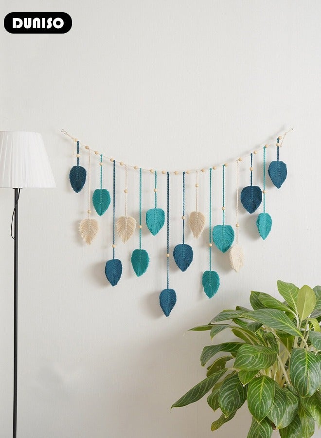 Macrame Wall Hanging, Hand Woven Boho Tapestry, Multifunctional Wall Hanging Decor Leaves Tapestry, Woven Hanging Tapestry with Wooden Clip for Bedroom, Living Room, Gallery Background