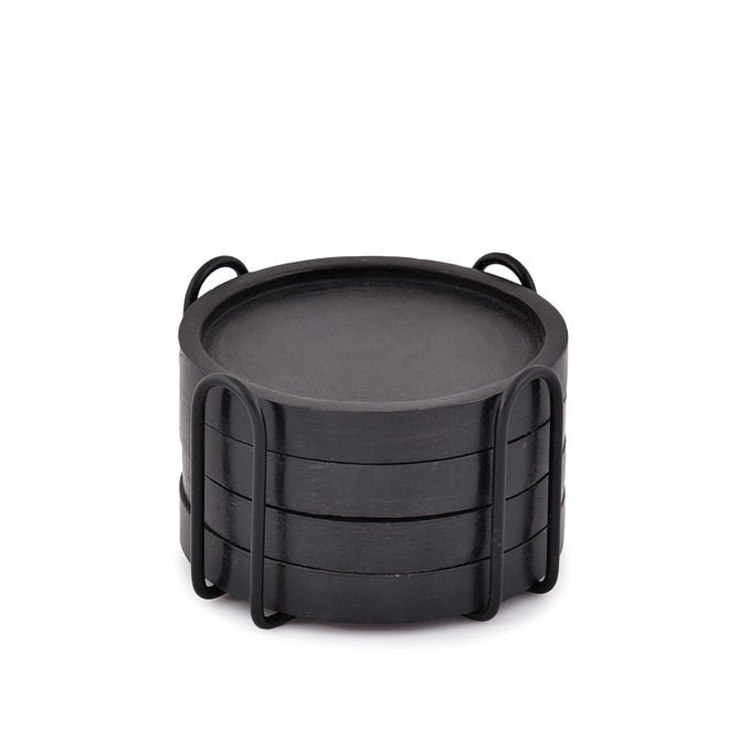 Wooden Coasters for Drinks Coffee Table Round Drink Coasters with Holder for Tabletop Protection Set of 4 4 x 4 x 05 Black