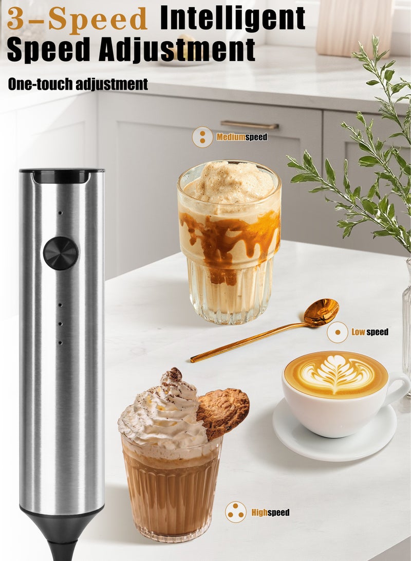 Xkimos Electric Milk Frother Handheld USB-C Charging 304 Stainless Steel Whisk 3-Speed Low Noise for Coffee Lattes Cappuccinos Baking Home Use - Image 2
