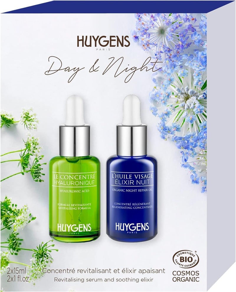 HUYGENS Night Day Duo 2 Organic Serums 2x15mL Hyaluronic Acid Concentrate Elixir Night Concentrate 100 natural Vegan Made in France