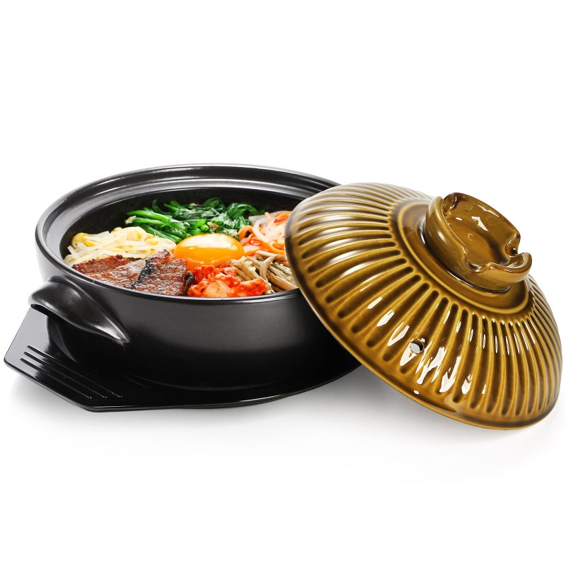 Okllen Large Korean Ceramic Bowl with Lid and Platter, 54 oz Clay Pot for Cooking, Sizzling Hot Pot for Dolsot Bibimbap, Soup, Casserole, Rice, Stew, Noodle - Image 3