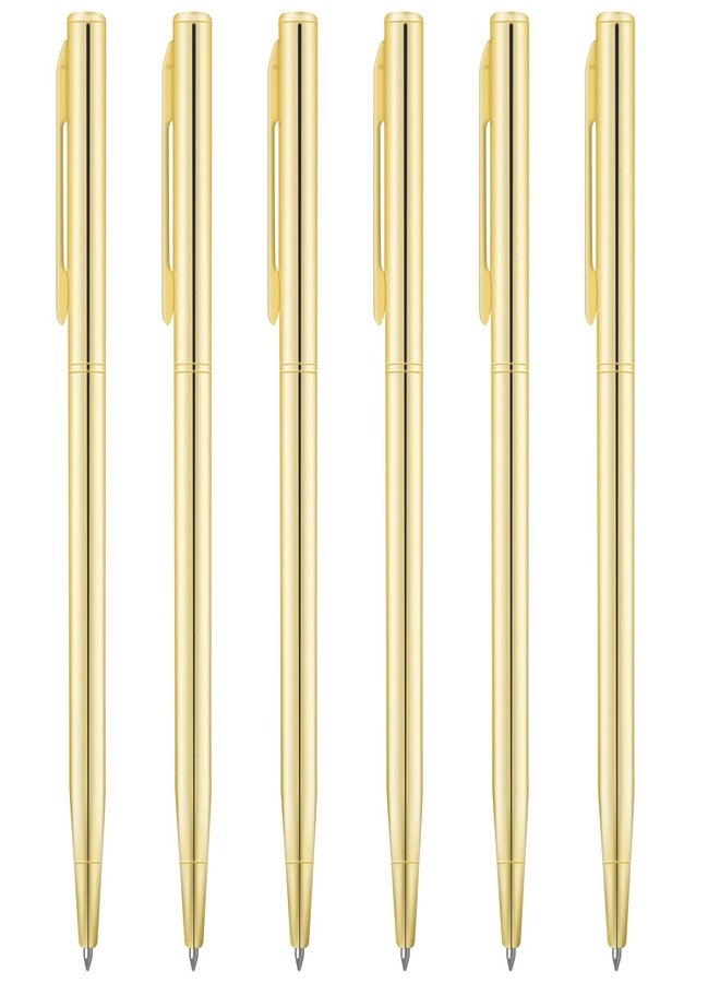 Bcautay 6 Piece Gold Slim Ballpoint Pens 1 mm Retractable Metallic Black Ink Pens Bulk Metal Pens with Clips for Business Office Teacher Student Wedding Guest (Gold) - Image 1
