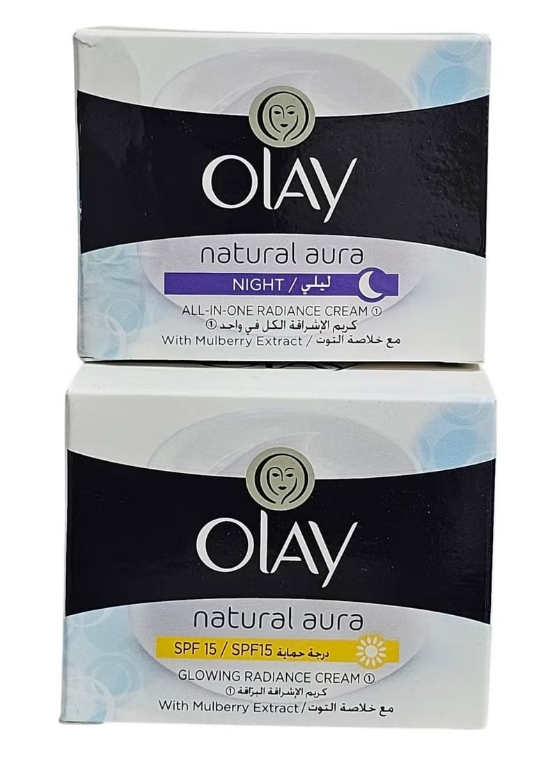 Night and Day Cream Set, Natural aura All-in-One for brightening and illuminating the skin, consisting of two pieces.