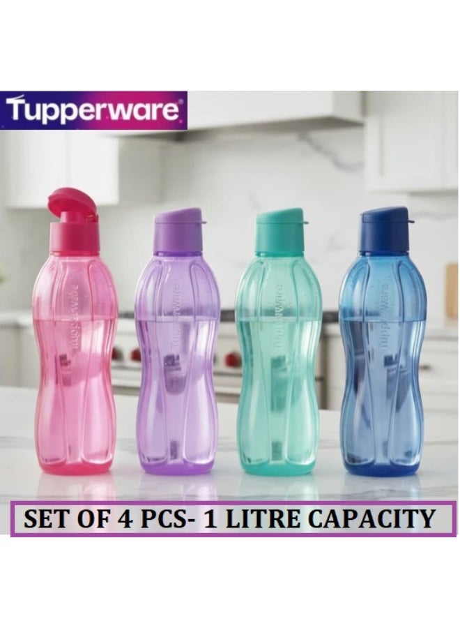 Tupperware Original Reusable - Hydration Fridge Bottle - BPA-Free - Leak Proof - Ideal for Gym, Office, Home Sports, Work & School Fliptop Eco Water Bottle, 1 Litre, Multicolor -Image colours -Set of 4 piece - Image 1