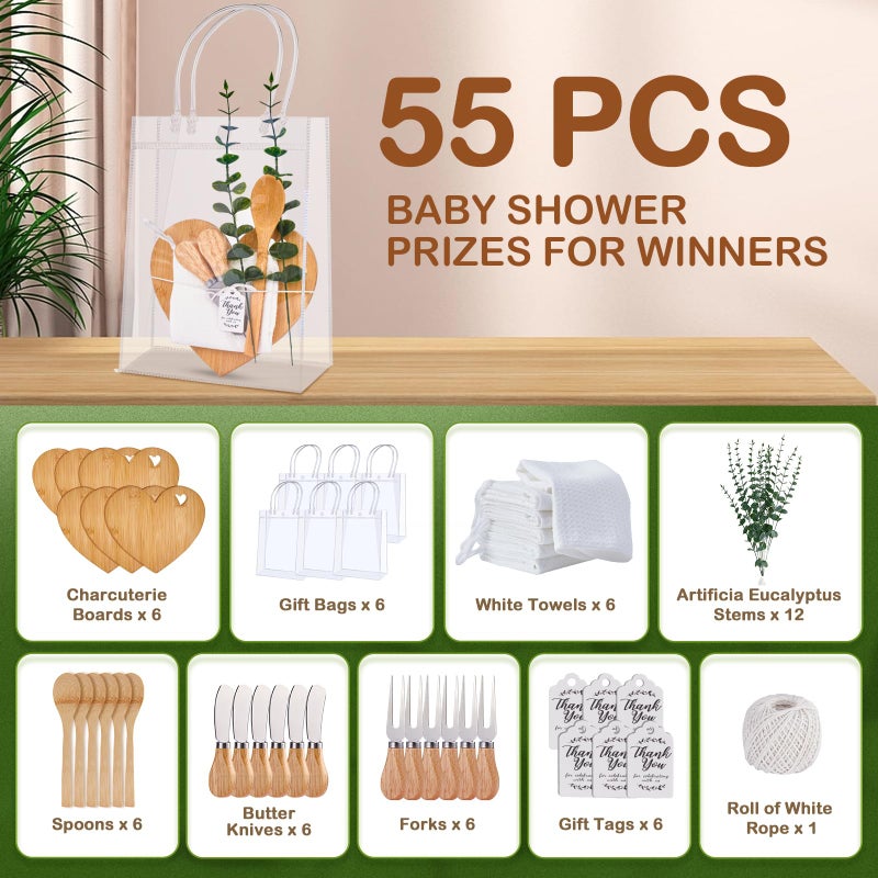 Rigibright 55Pcs Baby Shower Prizes for Game Winners 6 Sets Charcuterie Board with Spoons Butter Spreaders Forks Plaid Towel Thanks Card and Gift Bags for Bridal Shower Favors Party (Heart Shaped) - Image 2