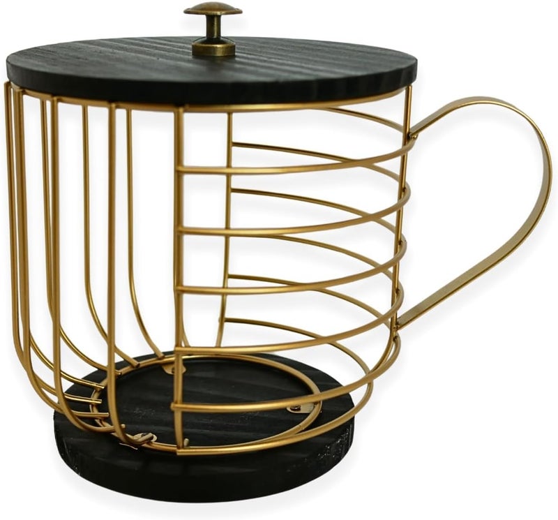 FIVE TWENTY CO. Coffee Pod Holder – Compatible with Nespresso Vertuo Pods and Capsules - Gold Metal K Cup Holder - Cute Coffee Pod Basket w/ Wooden Base & Lid - Coffee Pod Storage - Coffee Bar Decor - Image 1