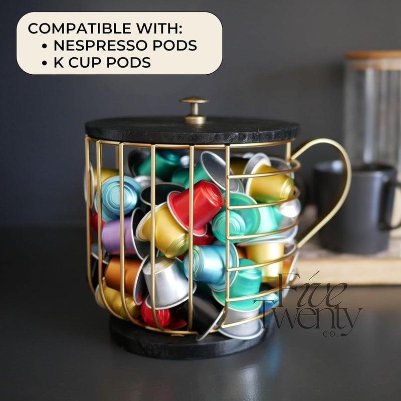 FIVE TWENTY CO. Coffee Pod Holder – Compatible with Nespresso Vertuo Pods and Capsules - Gold Metal K Cup Holder - Cute Coffee Pod Basket w/ Wooden Base & Lid - Coffee Pod Storage - Coffee Bar Decor - Image 2