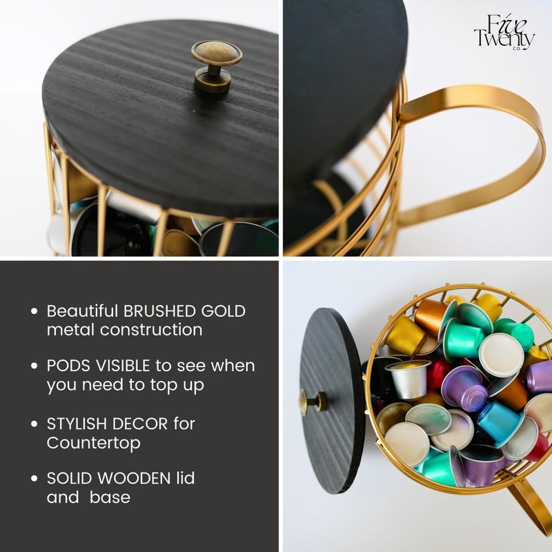 FIVE TWENTY CO. Coffee Pod Holder – Compatible with Nespresso Vertuo Pods and Capsules - Gold Metal K Cup Holder - Cute Coffee Pod Basket w/ Wooden Base & Lid - Coffee Pod Storage - Coffee Bar Decor - Image 4