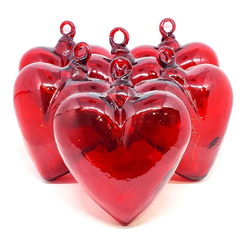 MexHandcraft Red 5.1 inch Large Hanging Glass Hearts (Set of 6), Recycled Blown Glass (LGE Red Hearts) - Image 1