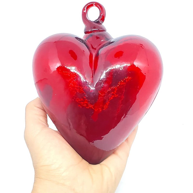MexHandcraft Red 5.1 inch Large Hanging Glass Hearts (Set of 6), Recycled Blown Glass (LGE Red Hearts) - Image 3
