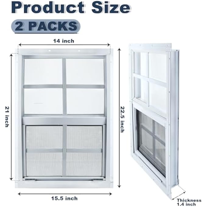 14" X 21" Shed Window, 2 Pack White Flush Mount Household Windows With Tempered Glass And Fiberglass Screen For Shed, Garage, Chicken Coop, Playhouse, Small Tiny House, Transom, Cat Catio Windows - Image 2