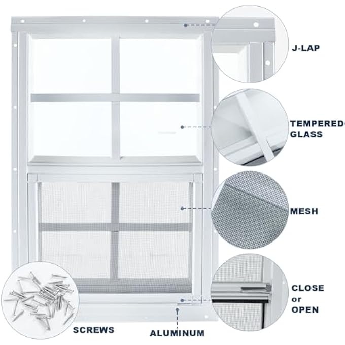 14" X 21" Shed Window, 2 Pack White Flush Mount Household Windows With Tempered Glass And Fiberglass Screen For Shed, Garage, Chicken Coop, Playhouse, Small Tiny House, Transom, Cat Catio Windows - Image 3