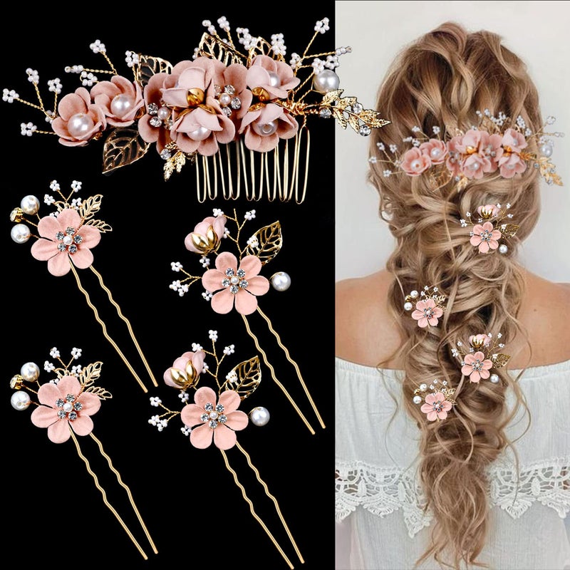 LAPOHI 5 Pieces Bridal Flower Wedding Hair Pins Crystal Pearl Hair Combs Clips Headpiece Gold Wedding Hair Accessories Jewelry with Rhinestone for Brides Bridesmaids Women Girls Updo (Cherry Blossoms Pink) - Image 1