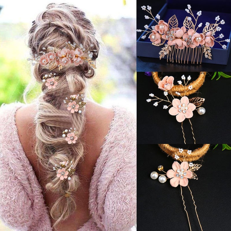 LAPOHI 5 Pieces Bridal Flower Wedding Hair Pins Crystal Pearl Hair Combs Clips Headpiece Gold Wedding Hair Accessories Jewelry with Rhinestone for Brides Bridesmaids Women Girls Updo (Cherry Blossoms Pink) - Image 4