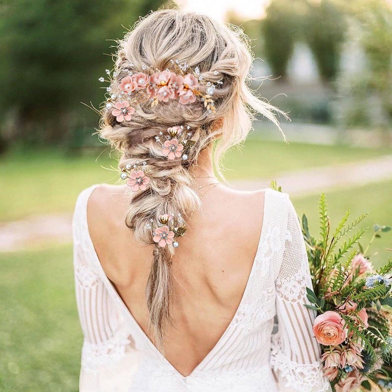 LAPOHI 5 Pieces Bridal Flower Wedding Hair Pins Crystal Pearl Hair Combs Clips Headpiece Gold Wedding Hair Accessories Jewelry with Rhinestone for Brides Bridesmaids Women Girls Updo (Cherry Blossoms Pink) - Image 2