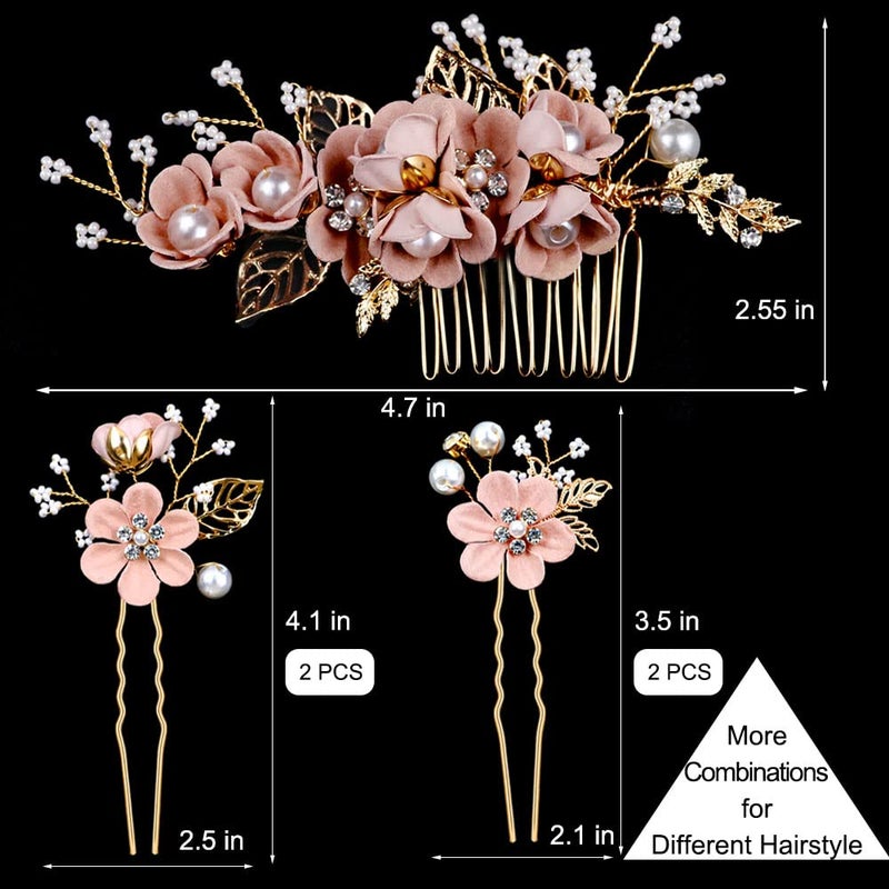 LAPOHI 5 Pieces Bridal Flower Wedding Hair Pins Crystal Pearl Hair Combs Clips Headpiece Gold Wedding Hair Accessories Jewelry with Rhinestone for Brides Bridesmaids Women Girls Updo (Cherry Blossoms Pink) - Image 3