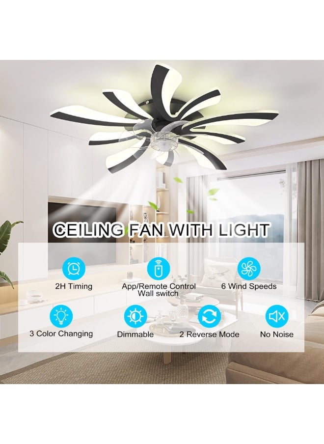 Ganeed Modern Dimmable Black LED Ceiling Fan with Lights, 70cm 5-Light Low Profile Small Semi Flush Mount Silent 6-Speed Ceiling Fan with Lamp, Ceiling Lighting Fixture for Living Room Bedroom Office  - Image 4