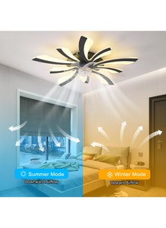 Ganeed Modern Dimmable Black LED Ceiling Fan with Lights, 70cm 5-Light Low Profile Small Semi Flush Mount Silent 6-Speed Ceiling Fan with Lamp, Ceiling Lighting Fixture for Living Room Bedroom Office  - Image 5