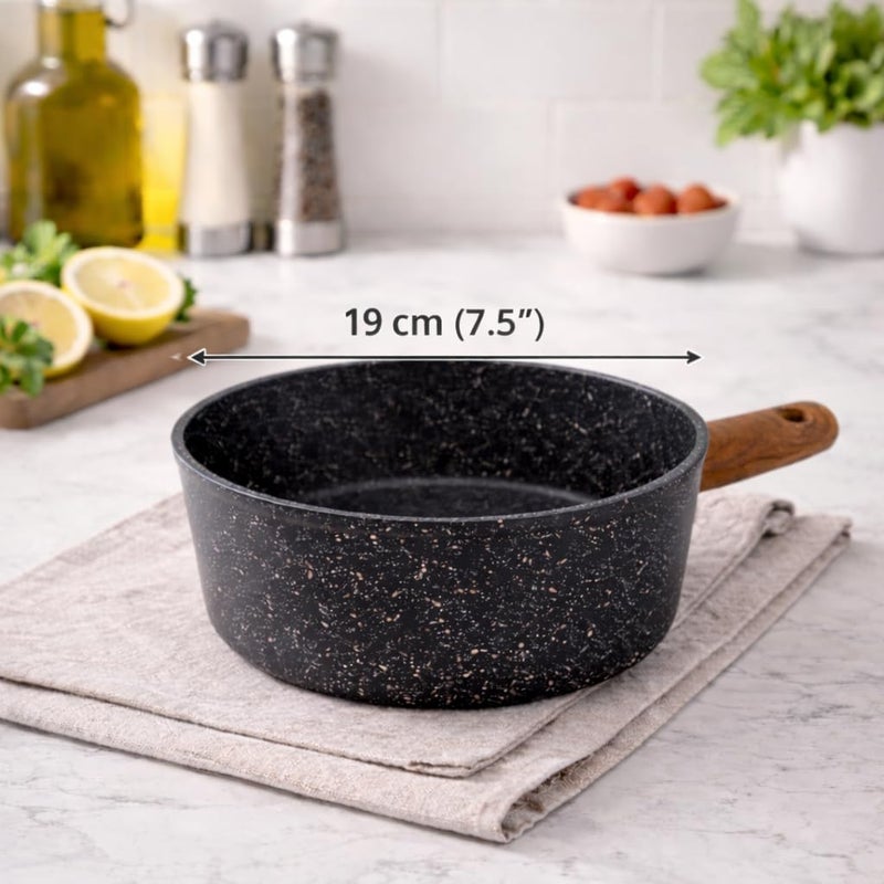 Non-Stick Saucepan Cooking Pot with Wooden Handle, Granite Speckled Coating, Milk Pan for Sauce, Soup & Pasta, Easy Clean (Black, 1.5, Liters) - Image 5