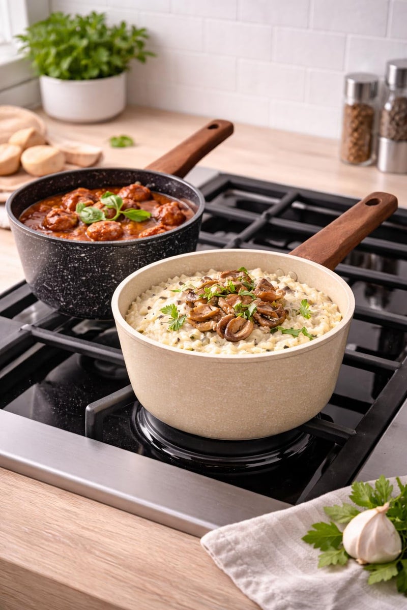 Non-Stick Saucepan Cooking Pot with Wooden Handle, Granite Speckled Coating, Milk Pan for Sauce, Soup & Pasta, Easy Clean (Black, 1.5, Liters) - Image 4