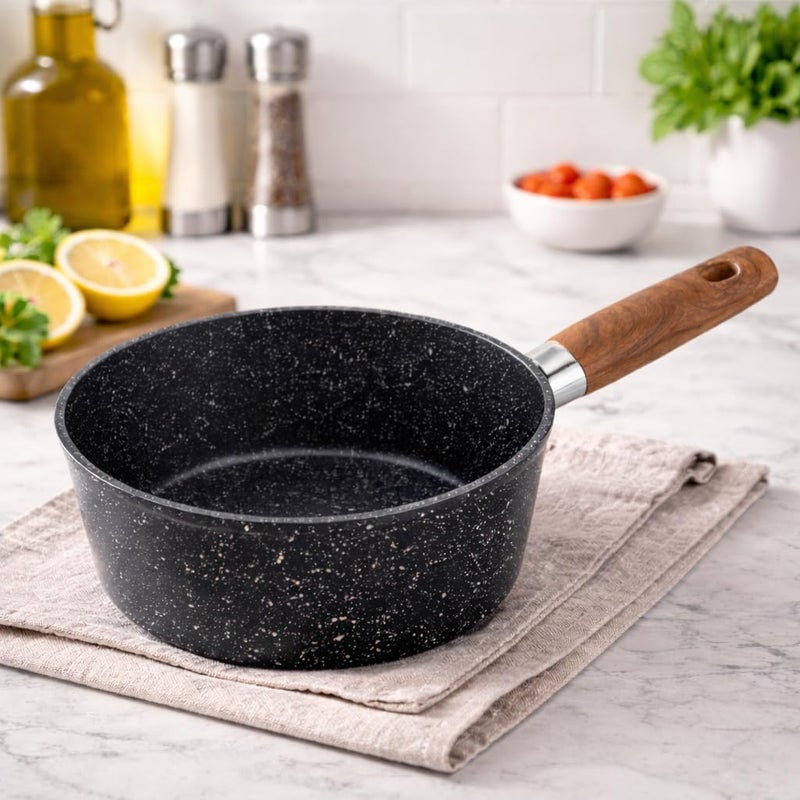 Non-Stick Saucepan Cooking Pot with Wooden Handle, Granite Speckled Coating, Milk Pan for Sauce, Soup & Pasta, Easy Clean (Black, 1.5, Liters) - Image 1