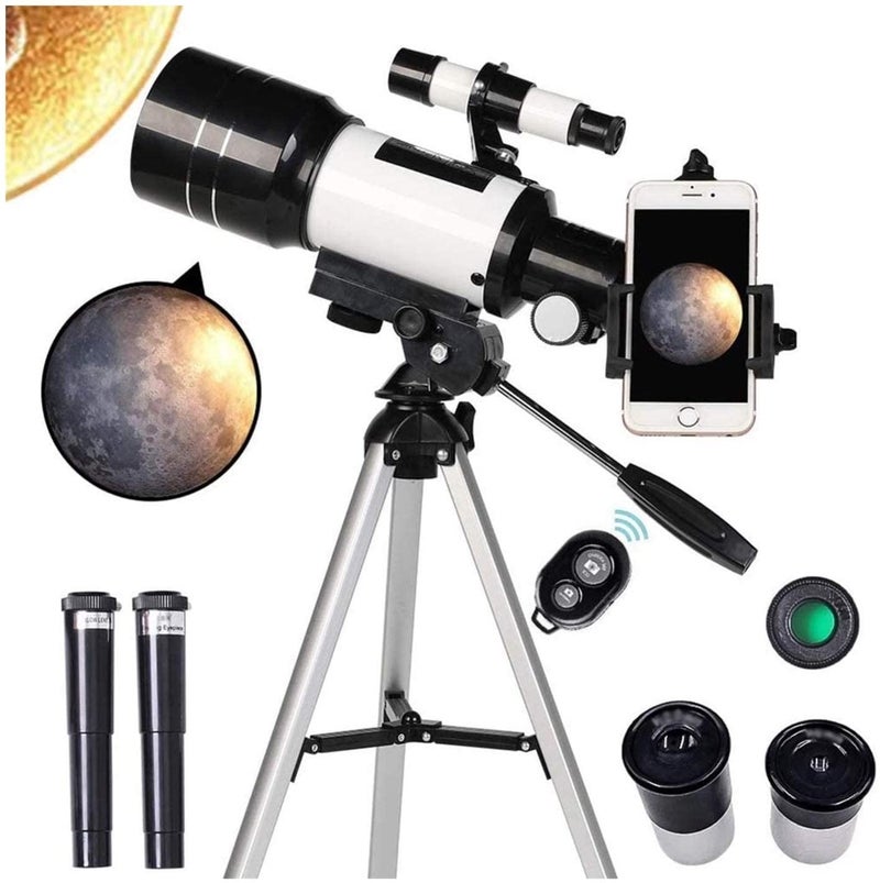OVERA تلسكوبات للمبتدئين في علم الفلك، عدسة بصرية زجاجية مطلية HD بقطر 70 مم، حامل ثلاثي قابل للتحريك للمبتدئين لمشاهدة السفر في الهواء الطلق، أبيض مع حامل للهاتف. - Image 1
