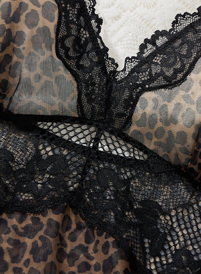 Women Leopard Print Lace Lingerie Set, V-Neck Mesh Sling Night Dress With Matching Underwear, Ladies 2 Piece Sleepwear  > - Image 3