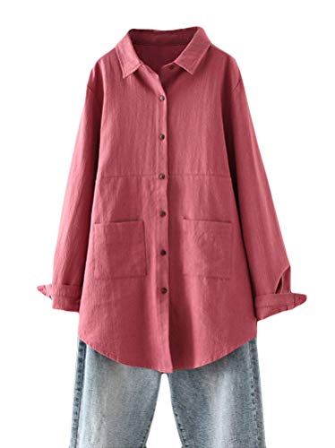 Minibee Womens Linen Shirts Button Down Long Tunic Tops Plus Size Blouse with Pockets Red 2XL