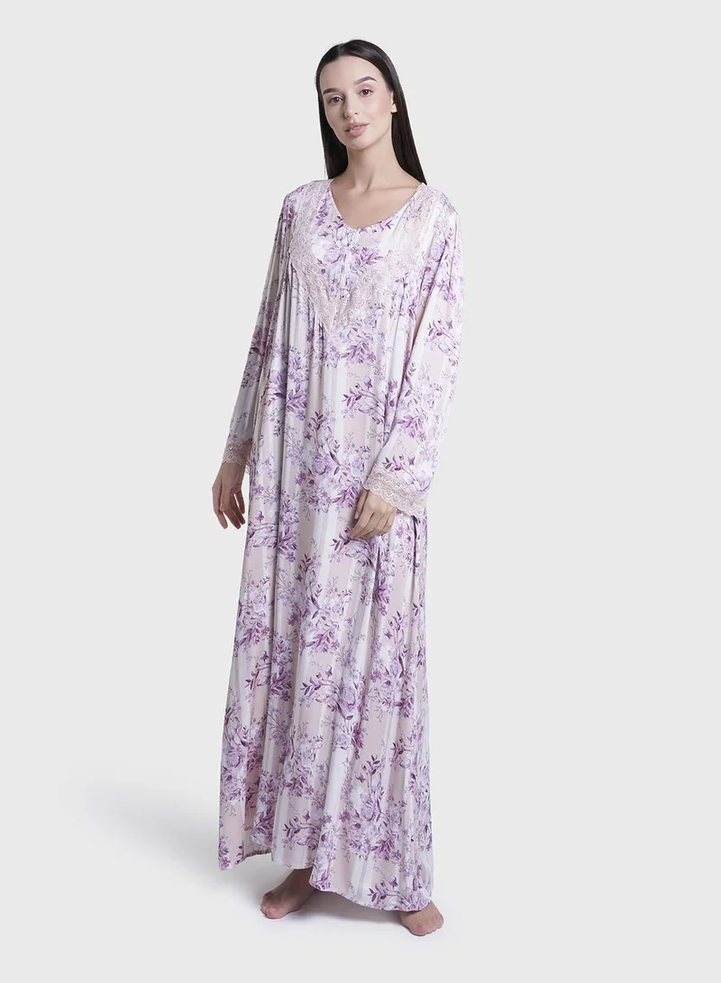 Kashkha  Wine Floral Print Viscose Long Nightwear Dress (CNH468) for Women | Best Price UAE