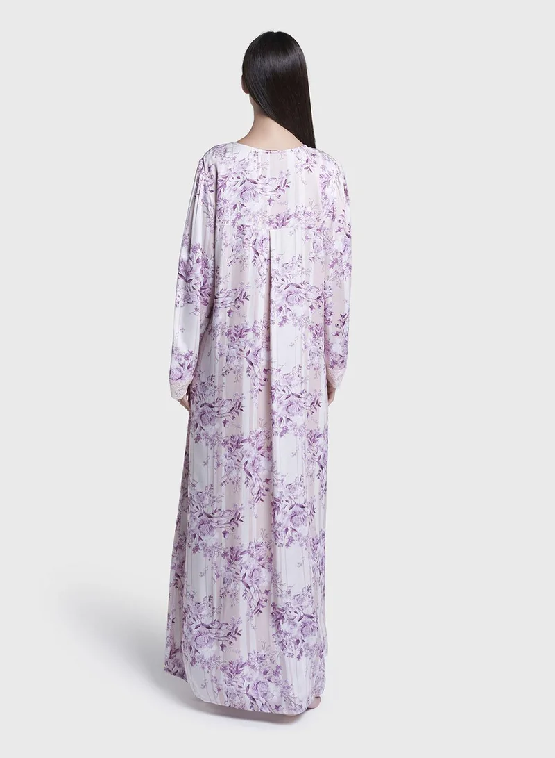 Kashkha  Wine Floral Print Viscose Long Nightwear Dress (CNH468) for Women | Best Price UAE