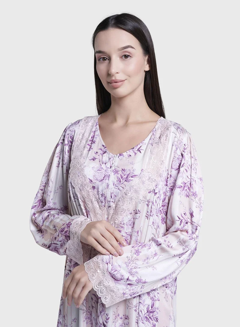 كشخة Wine Floral Print Viscose Long Nightwear Dress (CNH468)
