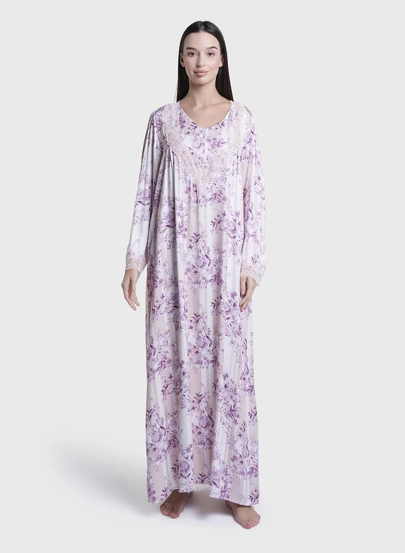 كشخة Wine Floral Print Viscose Long Nightwear Dress (CNH468)