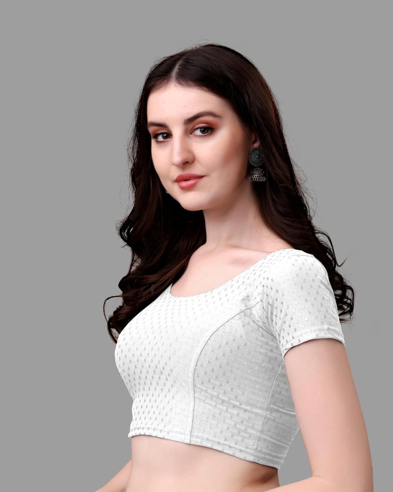 Kipzy Women's Cotton Stretchable Saree Blouse – Round Neck, Short Sleeves, Readymade Slim Fit Blouse for Women (White, 34) - Image 3
