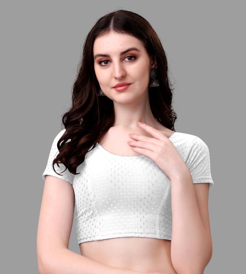 Kipzy Women's Cotton Stretchable Saree Blouse – Round Neck, Short Sleeves, Readymade Slim Fit Blouse for Women (White, 34) - Image 2